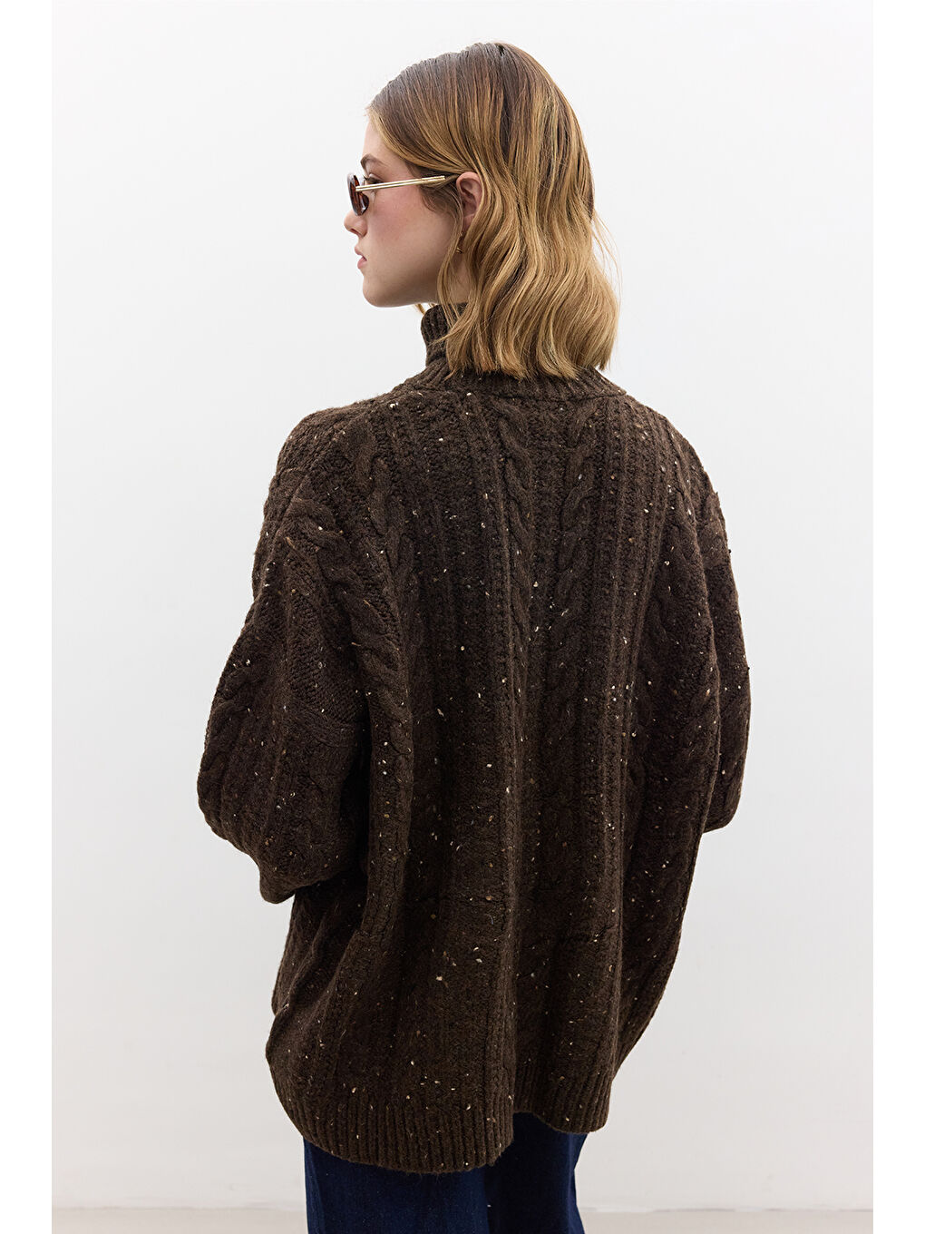 Boğazlı Örgü Triko Kazak Kahverengi-5