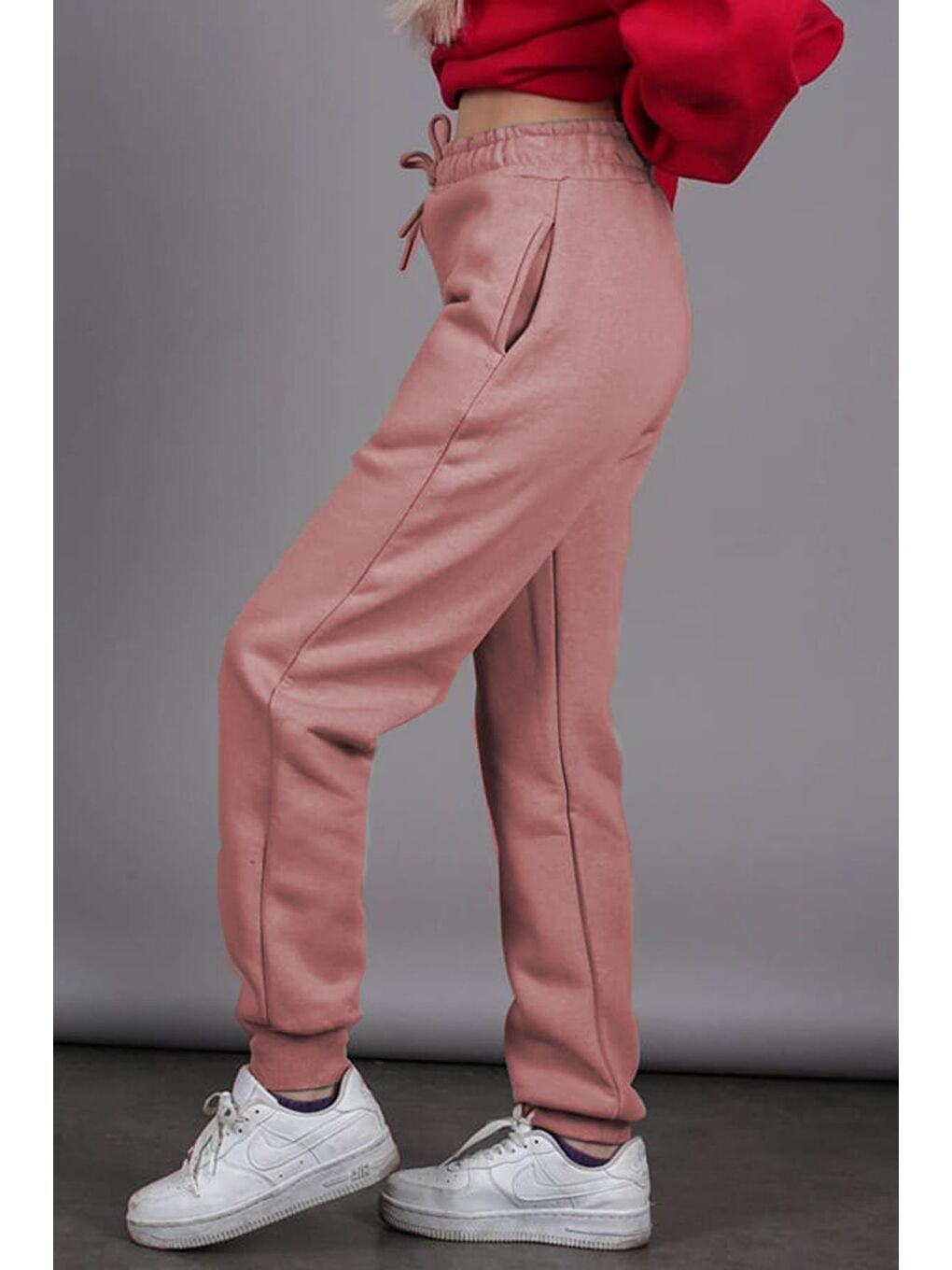 Pembe Kadın Gül Kurusu Beli Lastikli Şardonlu Eşofman Altı Mg1568-1