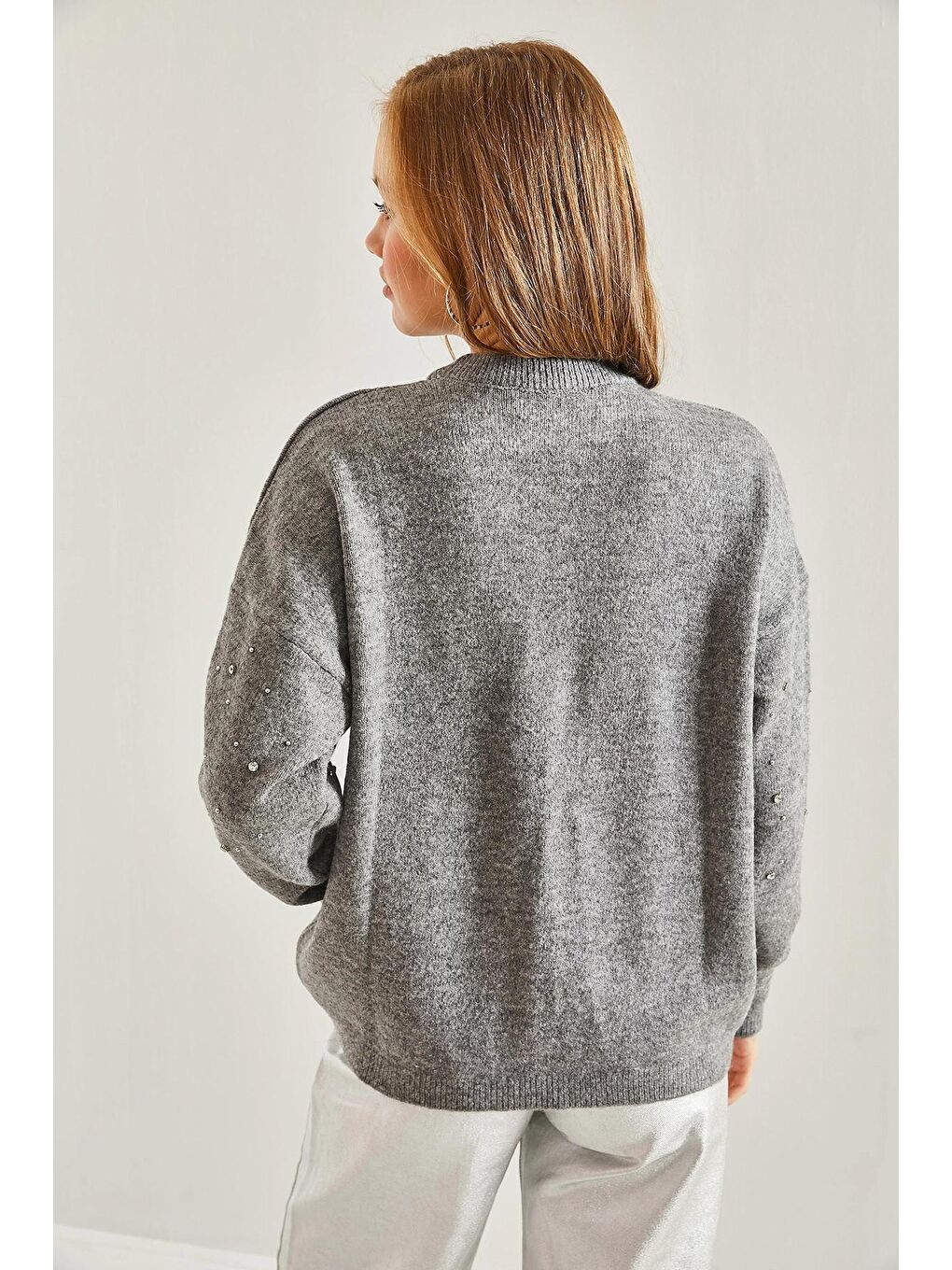 Gri Kadın Taş İşlemeli Triko Kazak-1