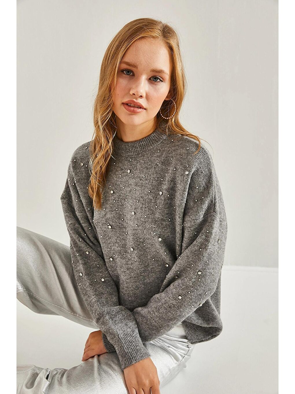 Gri Kadın Taş İşlemeli Triko Kazak-2