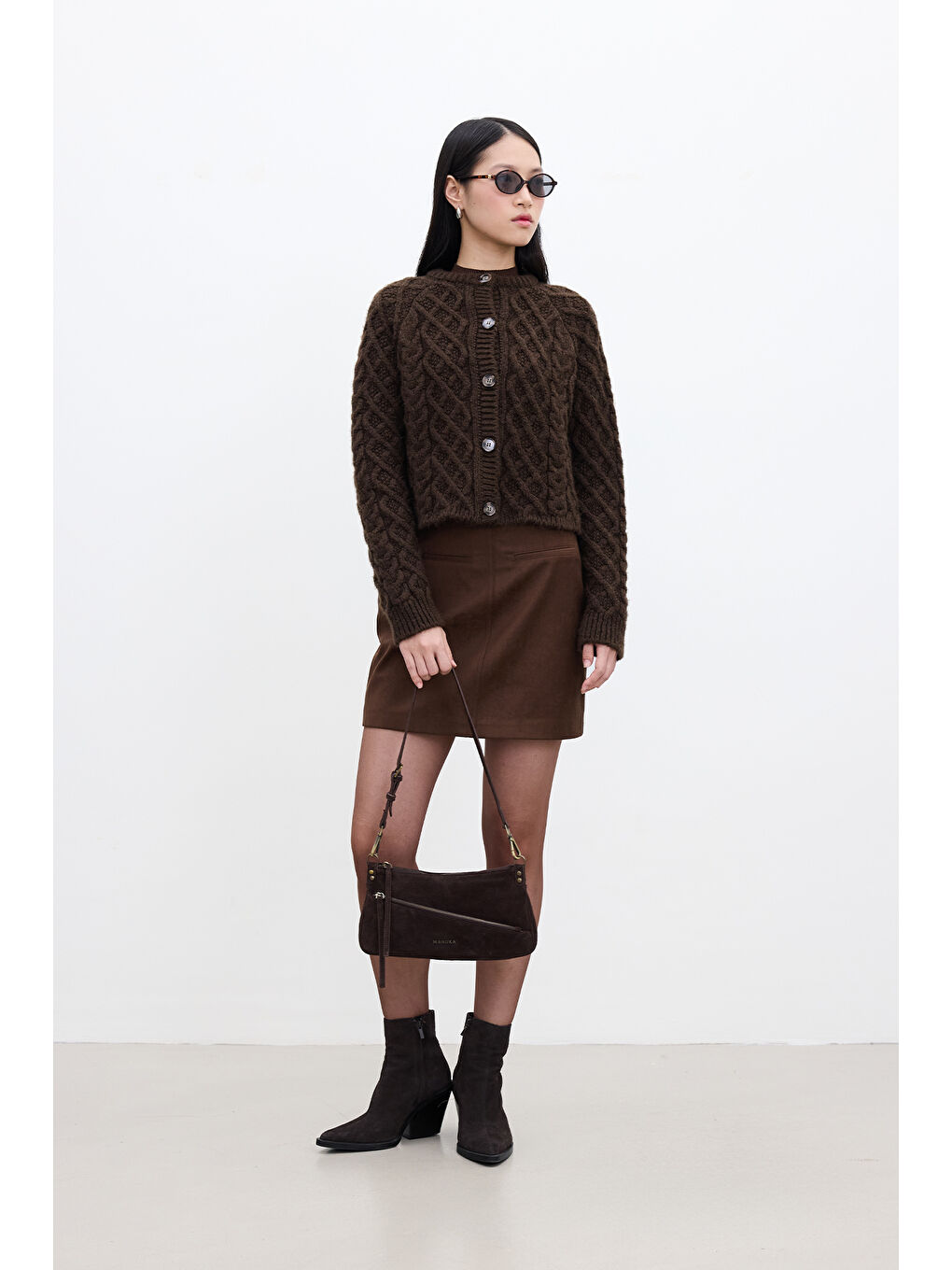 Suni Deri Mini Etek Kahverengi