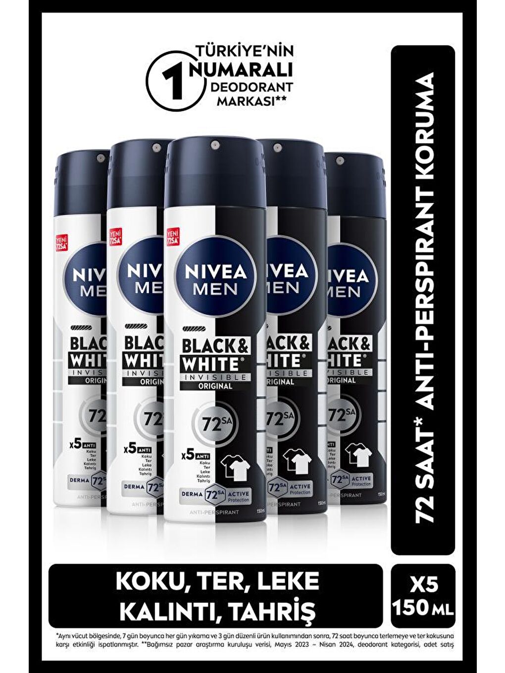 Men Black&White Invisible Güçlü Etki Erkek Sprey Deodorant 150 ml X5 Adet, Anti-Perspirant, 48 Saat