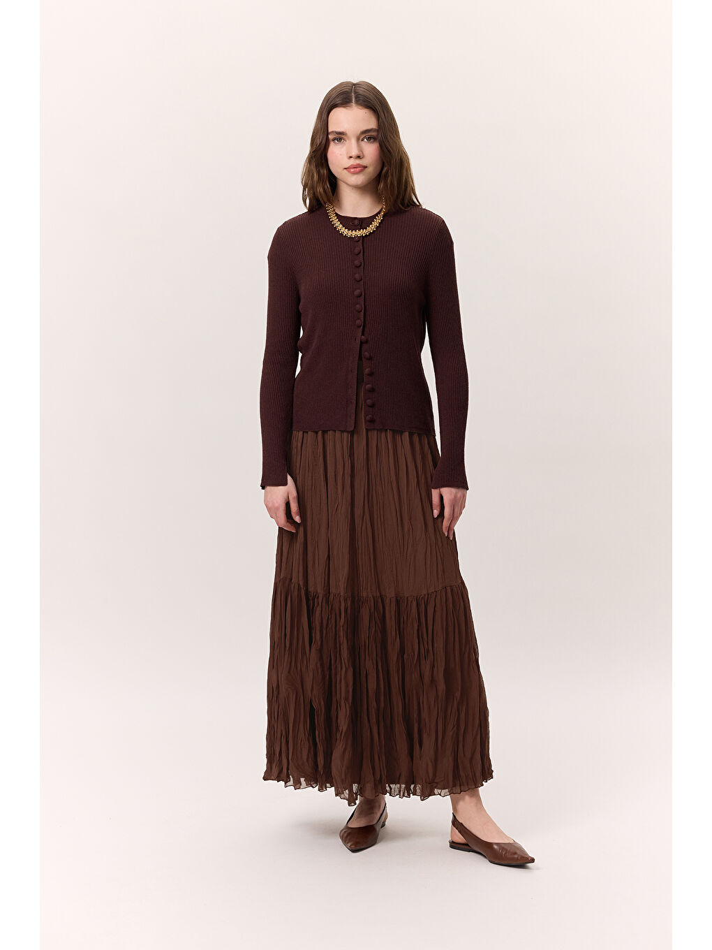 Crush Piliseli Uzun Etek Kahverengi-1