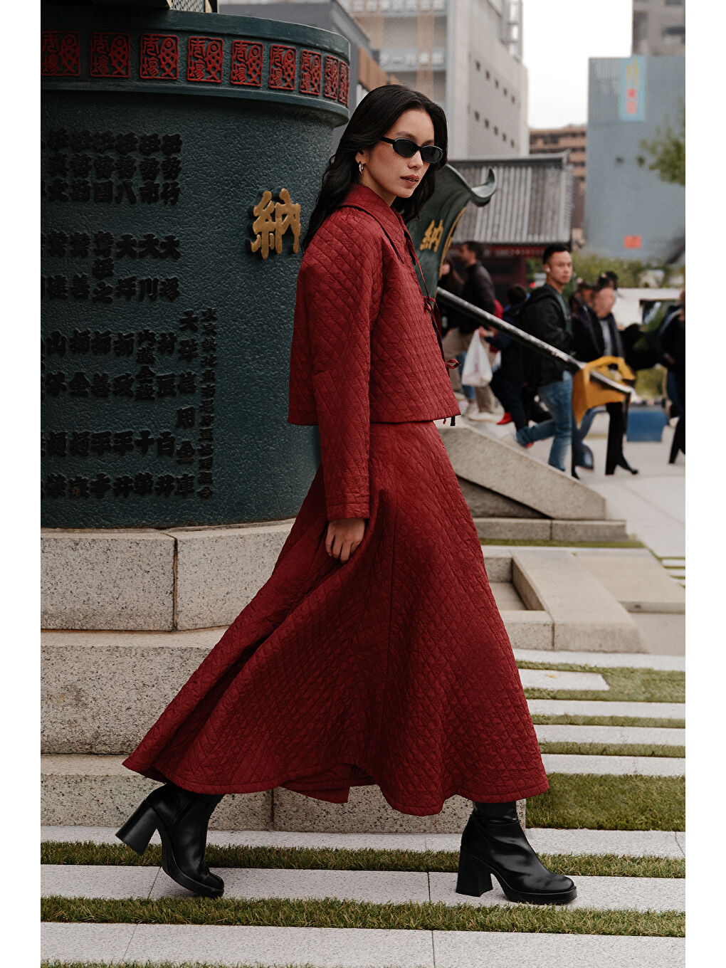 Kapitone Geniş Etek Bordo-2