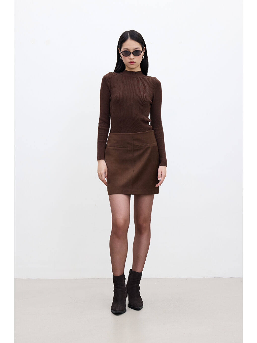 Suni Deri Mini Etek Kahverengi-2