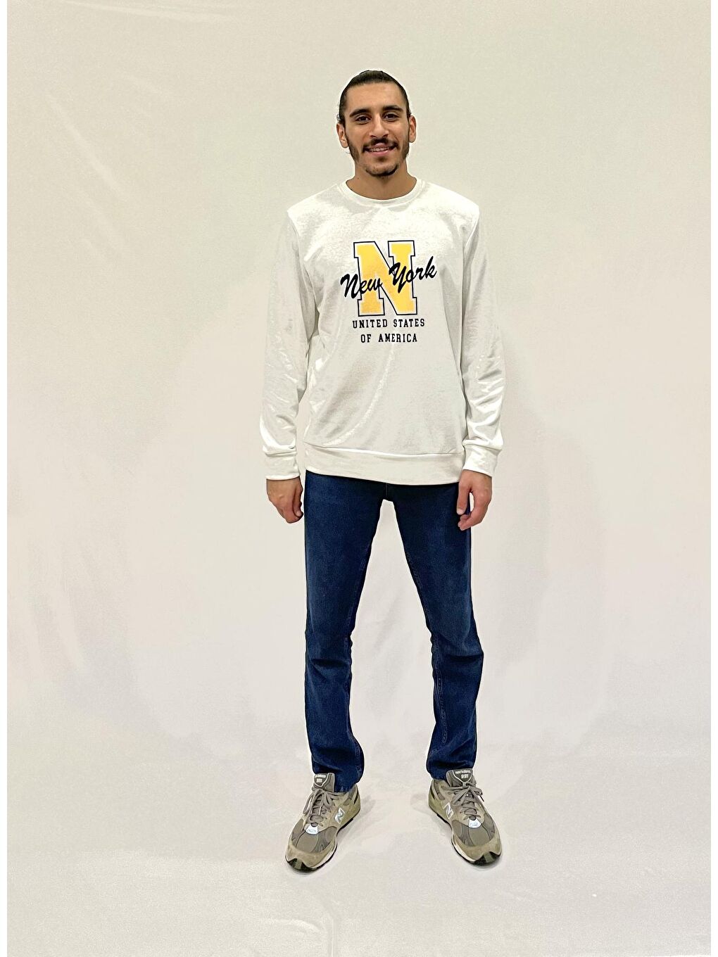 Süperlife Ekru Erkek Bisiklet Yaka Rahat Kalıp 3 iplik Kalın N Baskılı Sweatshirt SPR24SW25