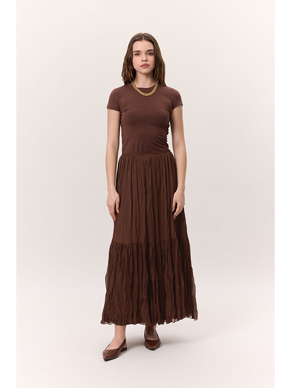 Crush Piliseli Uzun Etek Kahverengi-4
