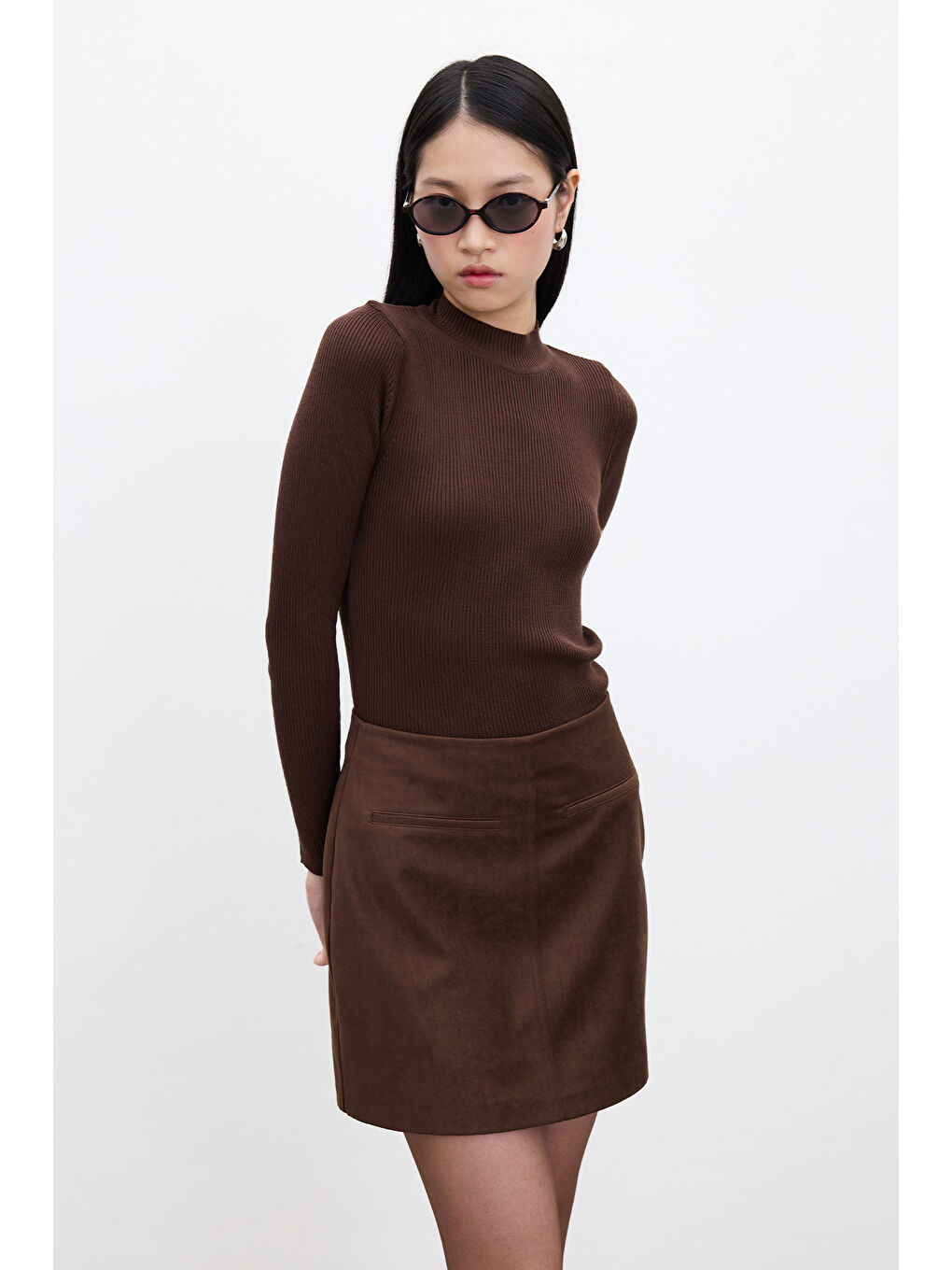 Suni Deri Mini Etek Kahverengi-3