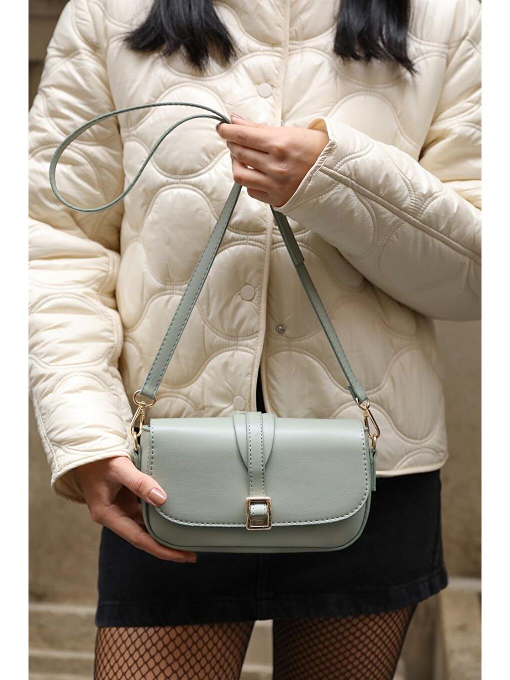 Yeşil Alina Tokalı Çapraz Askılı Kadın Çanta - Mint-1