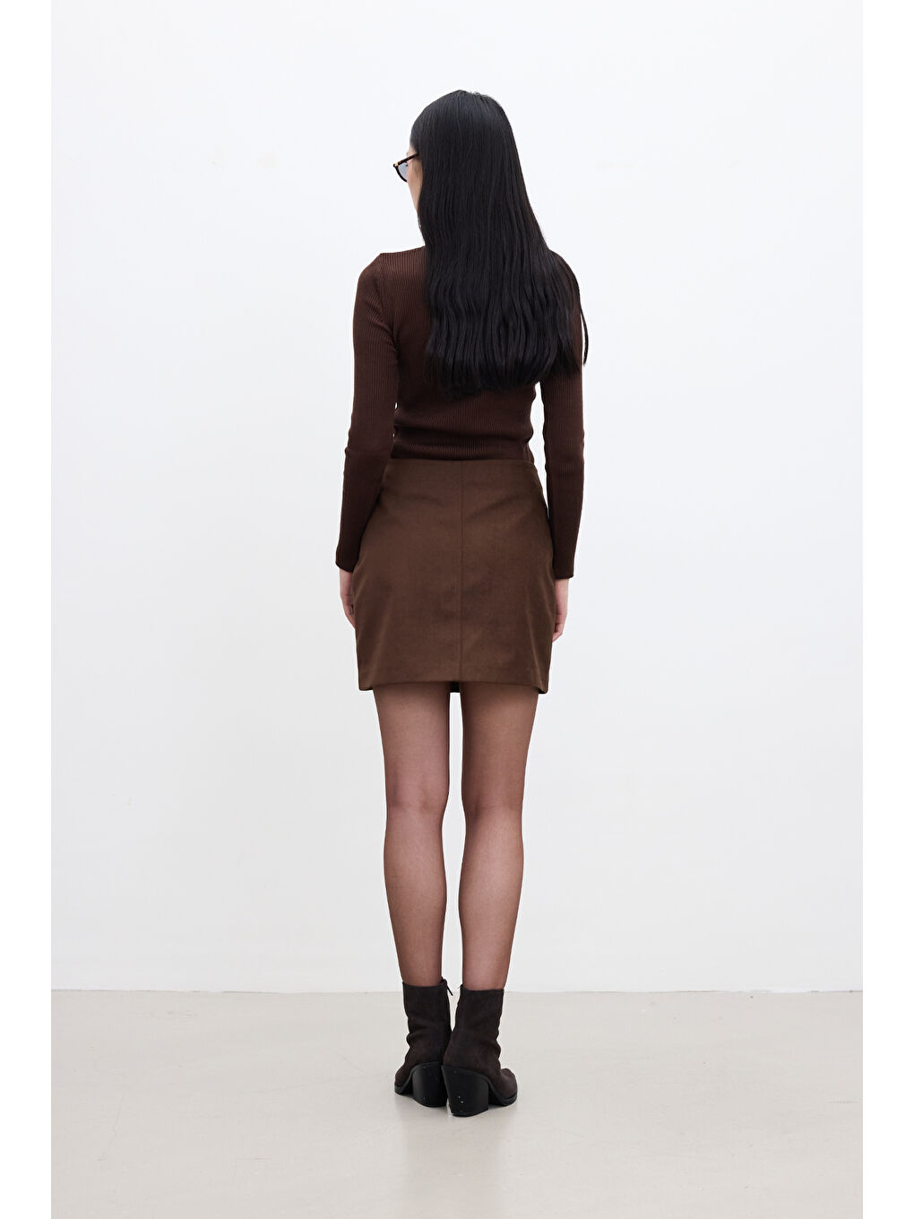 Suni Deri Mini Etek Kahverengi-5