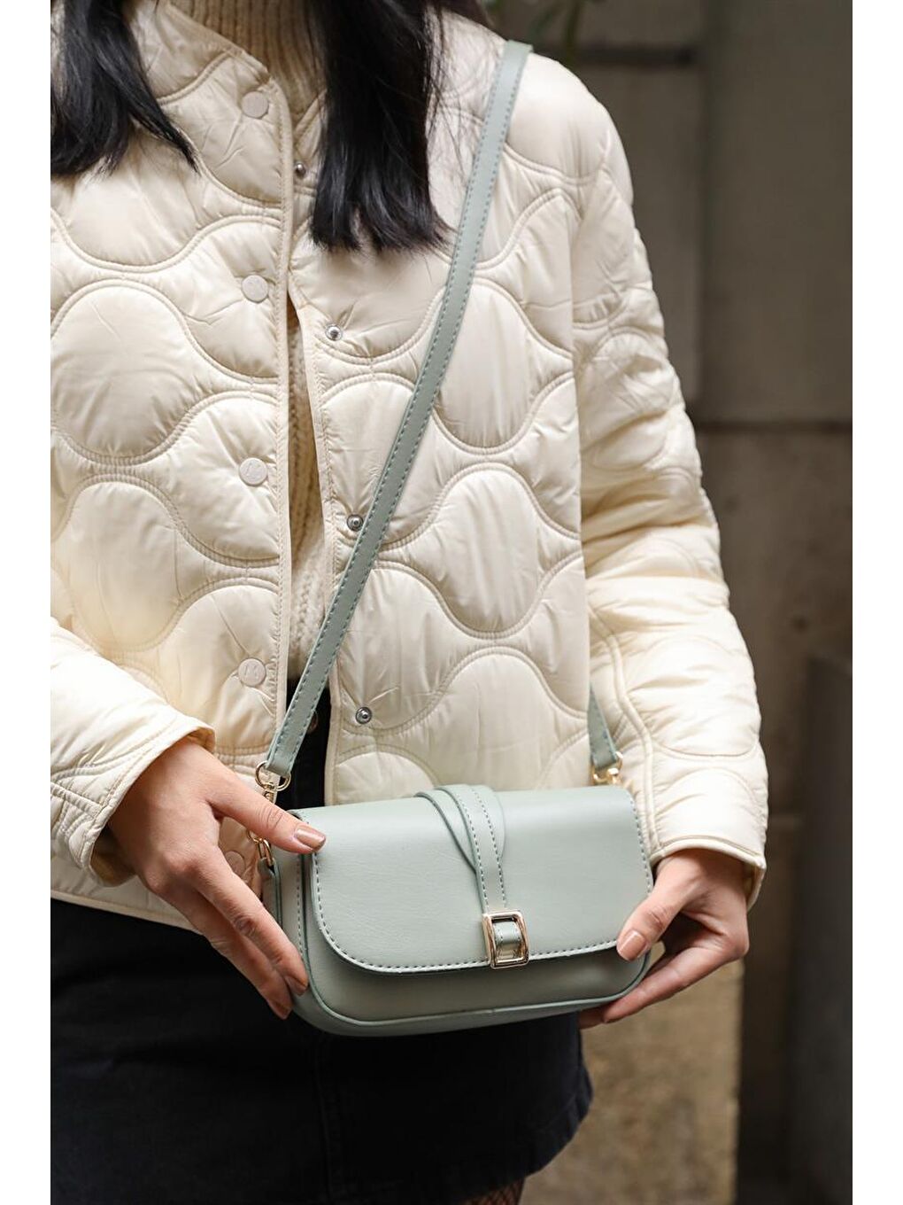 Yeşil Alina Tokalı Çapraz Askılı Kadın Çanta - Mint-2
