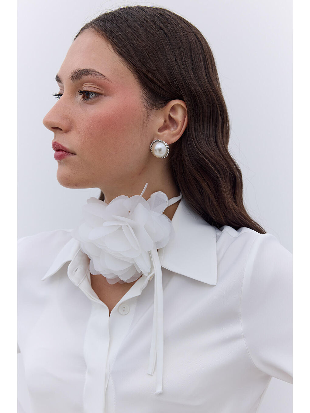 Ekru Saten Fit Kesim Beyaz Kadın Gömlek-5