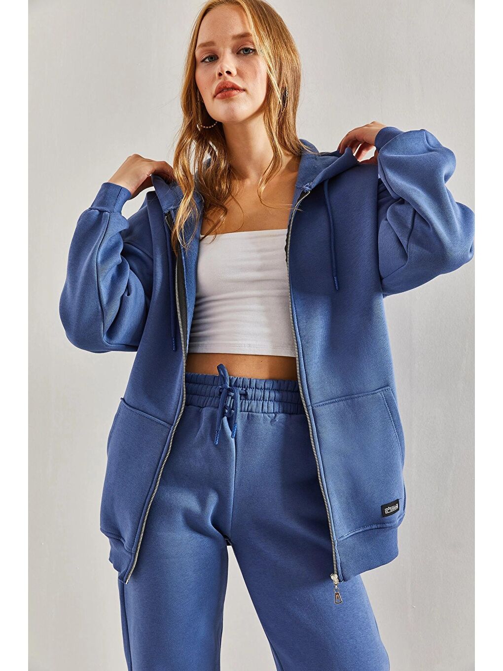 Mavi Kadın Kapüşonlu Üç İplik Cepli Hırka-1