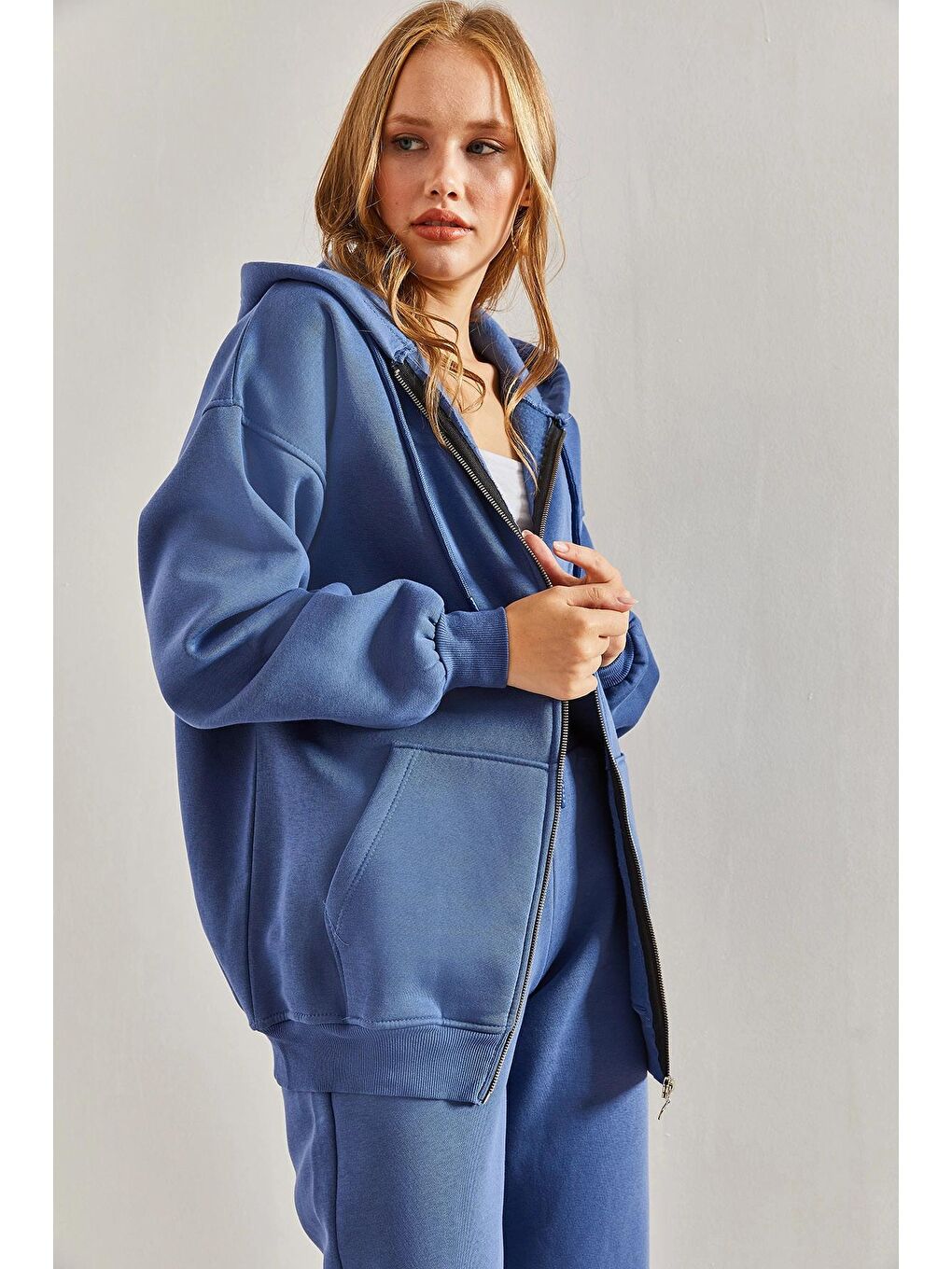 Mavi Kadın Kapüşonlu Üç İplik Cepli Hırka-2