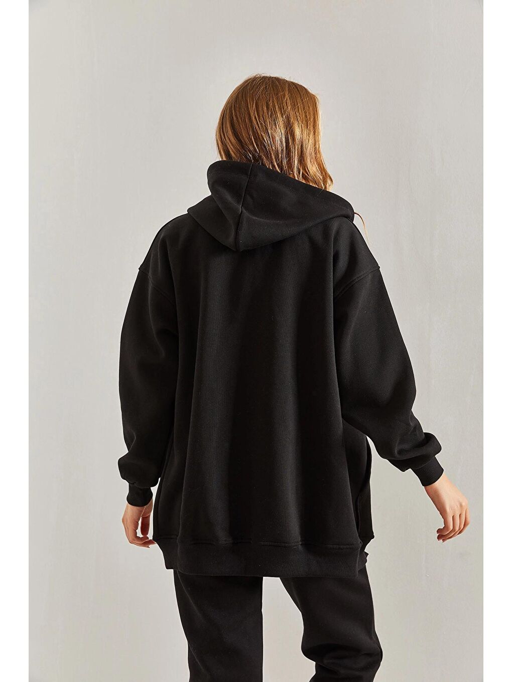 Siyah Kadın Kapüşonlu Üç İplik Cepli Hırka-2