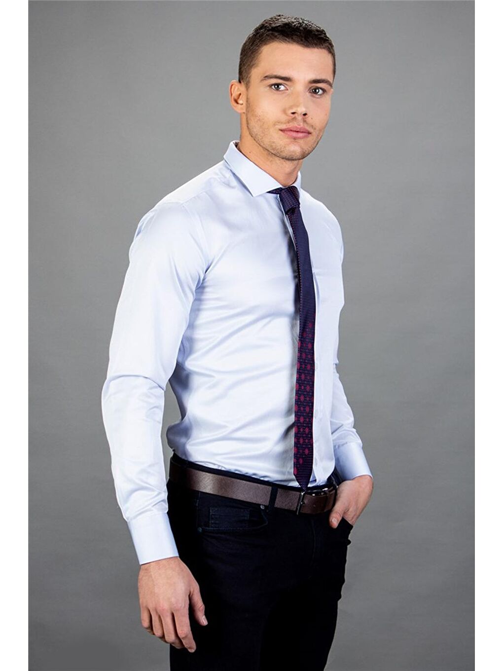 Modern Slim Fit Düz Saten Pamuklu Erkek Mavi Gömlek-1