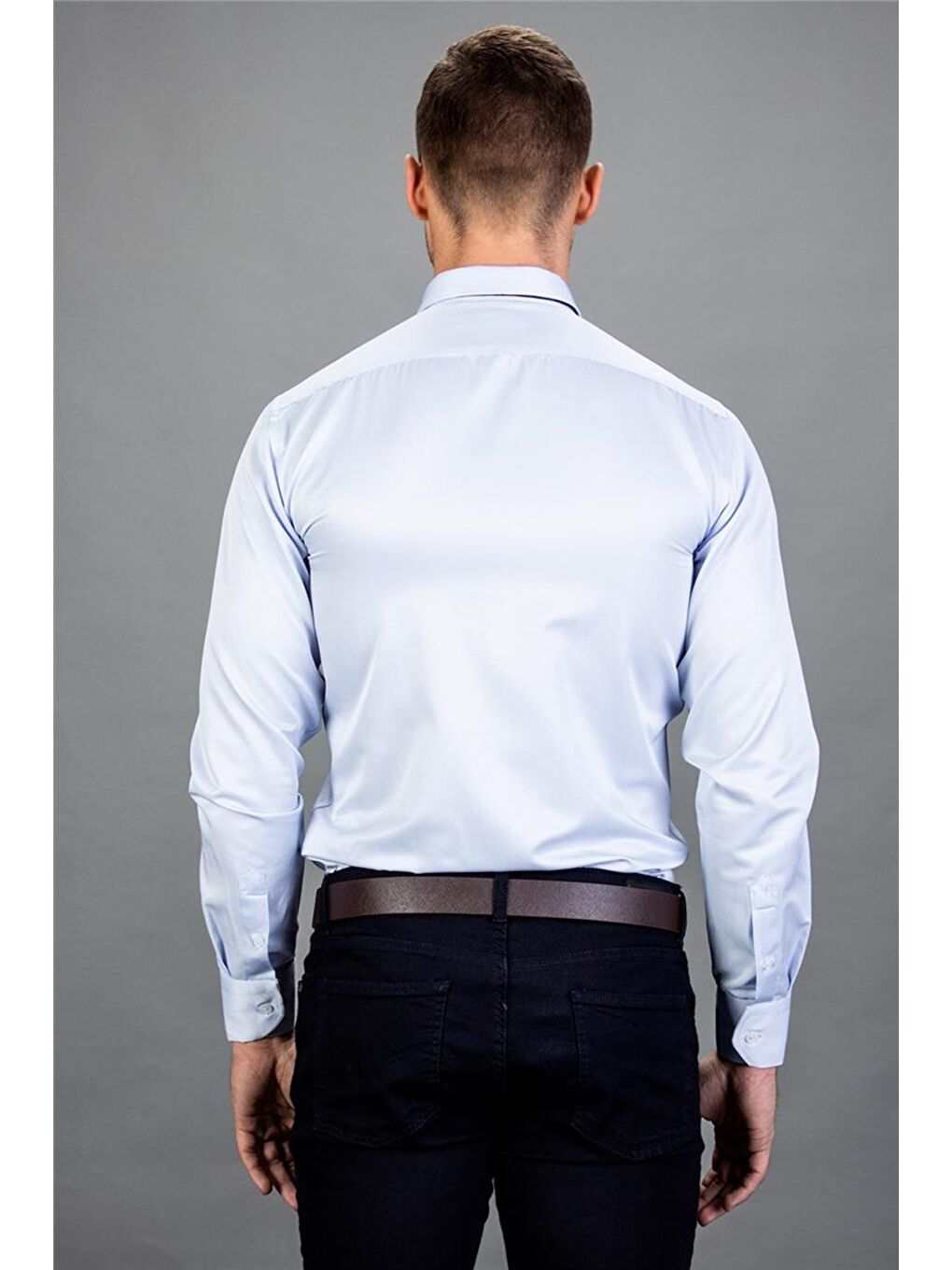 Modern Slim Fit Düz Saten Pamuklu Erkek Mavi Gömlek-2