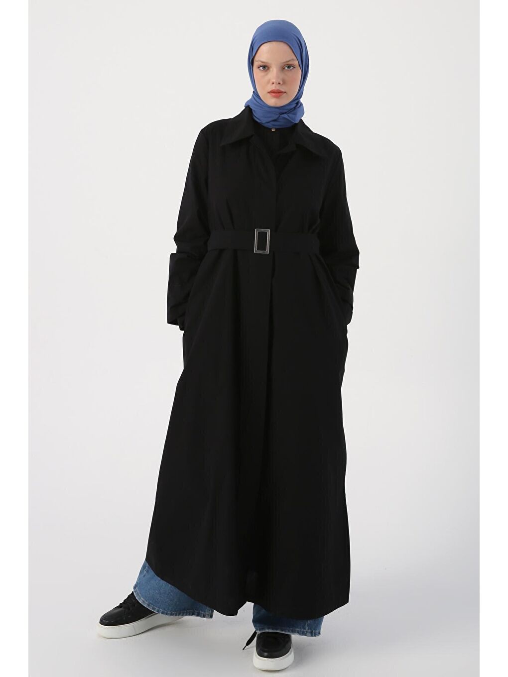 Siyah Gizli Patlı Kemerli %100 Pamuk Ferace-4
