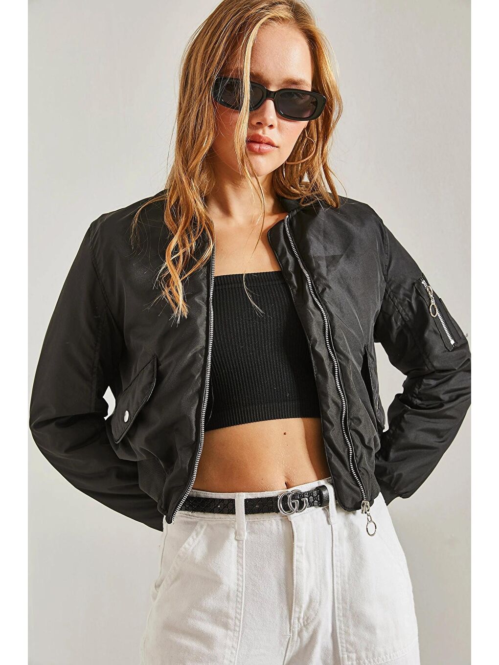 Siyah Kadın Fermuarlı Çift Cepli Bomber Mont-2