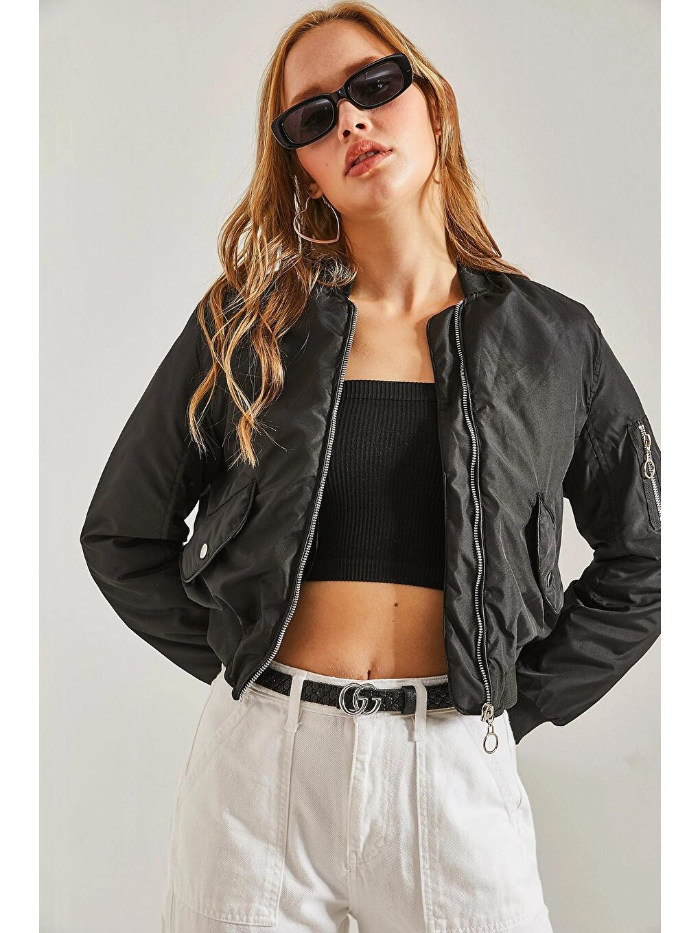 Siyah Kadın Fermuarlı Çift Cepli Bomber Mont-3