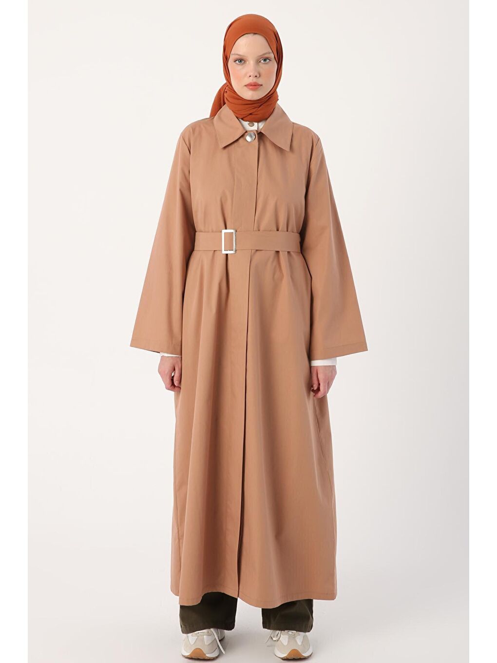 Kahverengi Toprak Gizli Patlı Kemerli %100 Pamuk Ferace-1