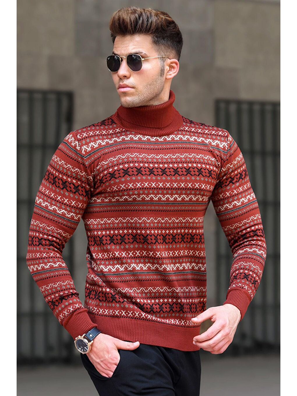 Kahverengi Kiremit Balıkçı Yaka Triko Kazak 5170