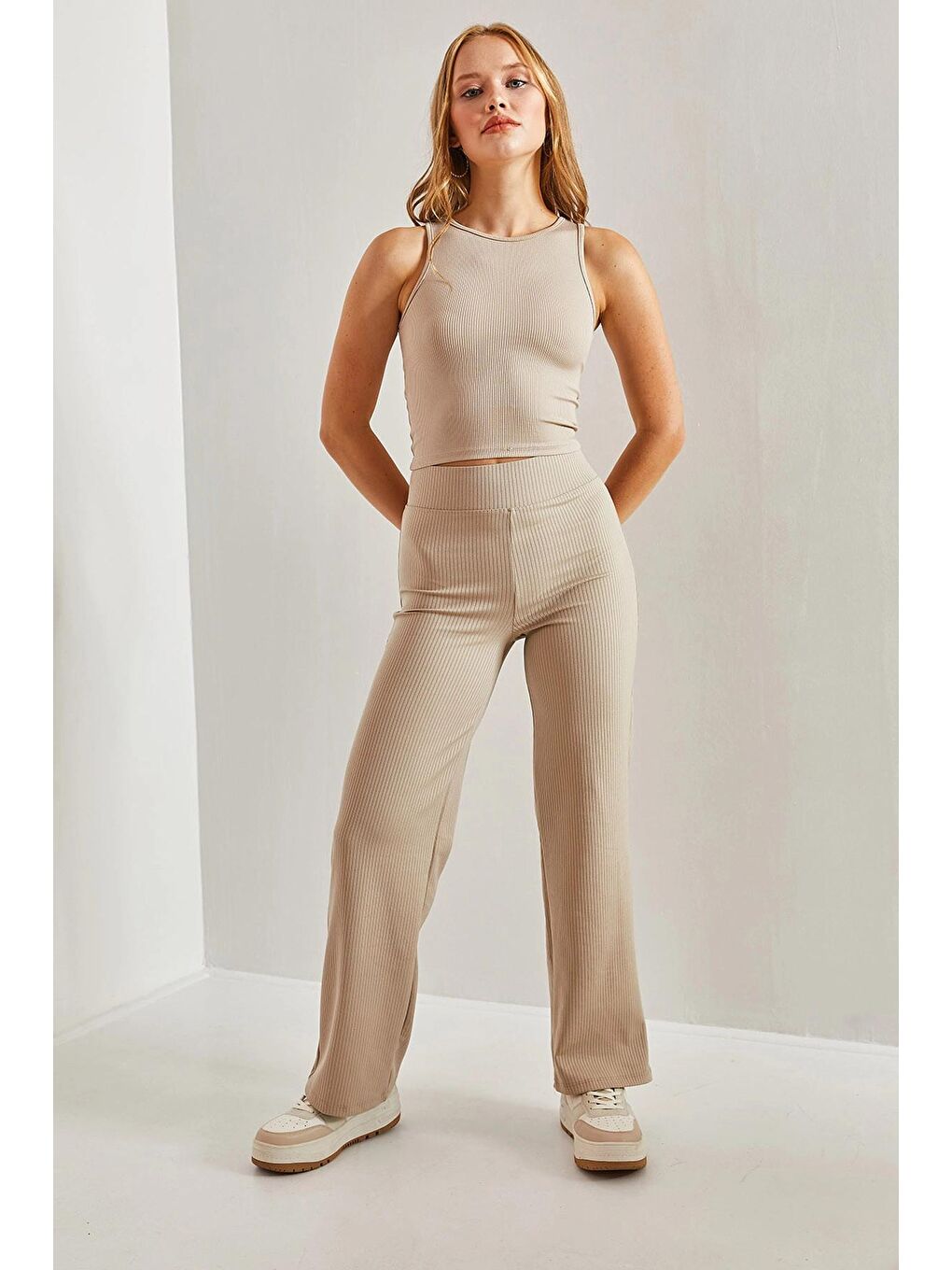 Bej Kadın Geniş Kemerli Fitilli Palazzo Tayt-1