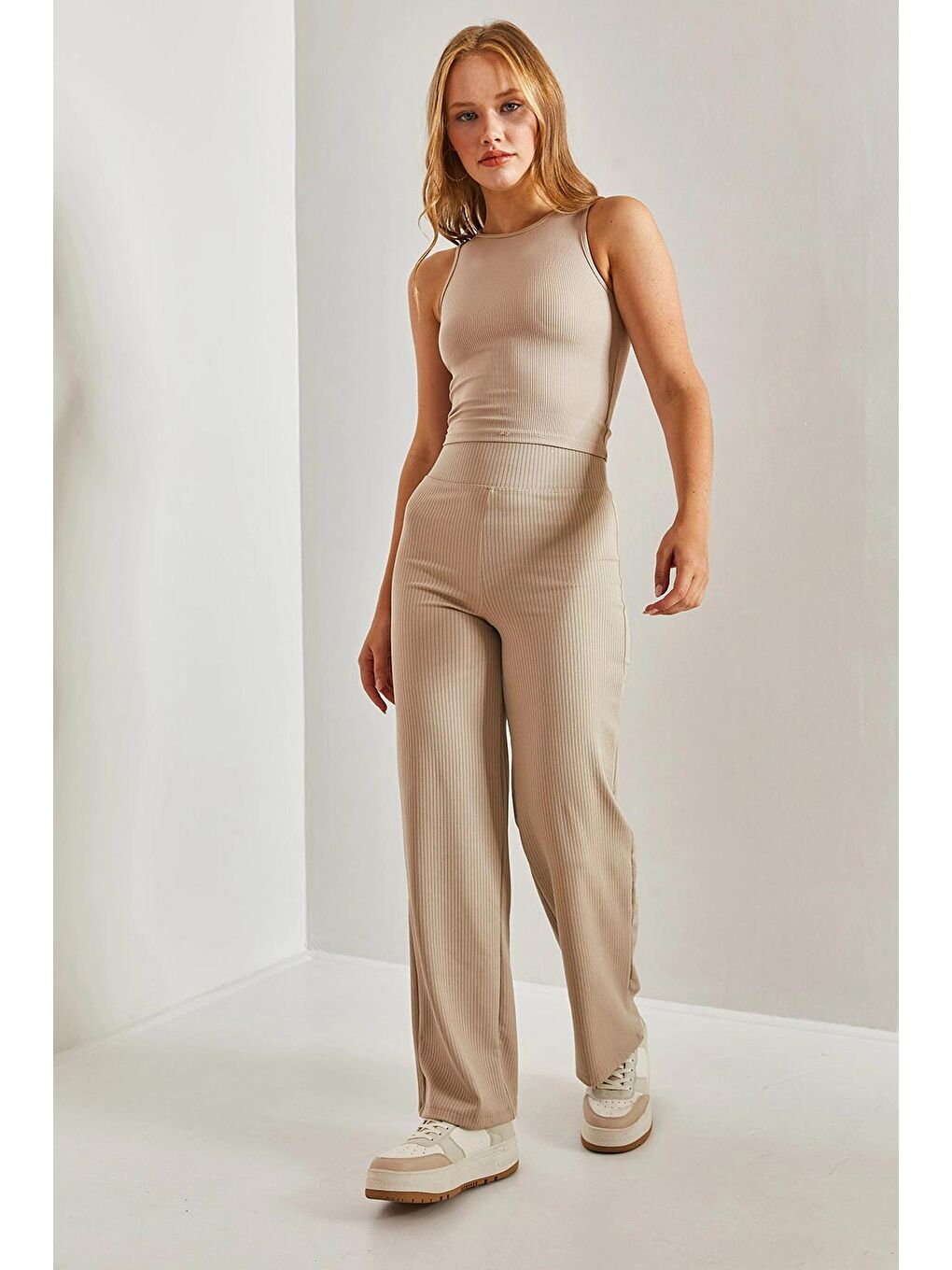 Bej Kadın Geniş Kemerli Fitilli Palazzo Tayt-2