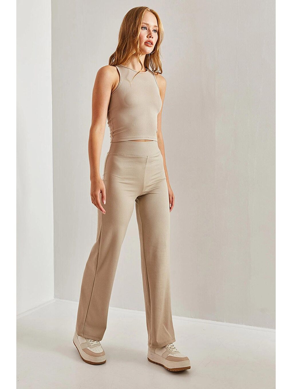 Bej Kadın Geniş Kemerli Fitilli Palazzo Tayt-3