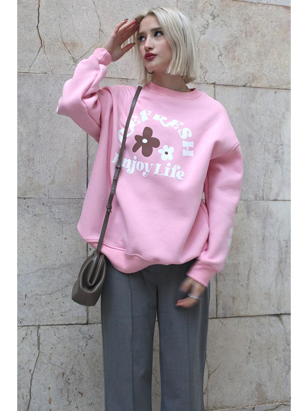 Madmext Pembe Bisiklet Yaka Baskılı Sweatshirt MG1572