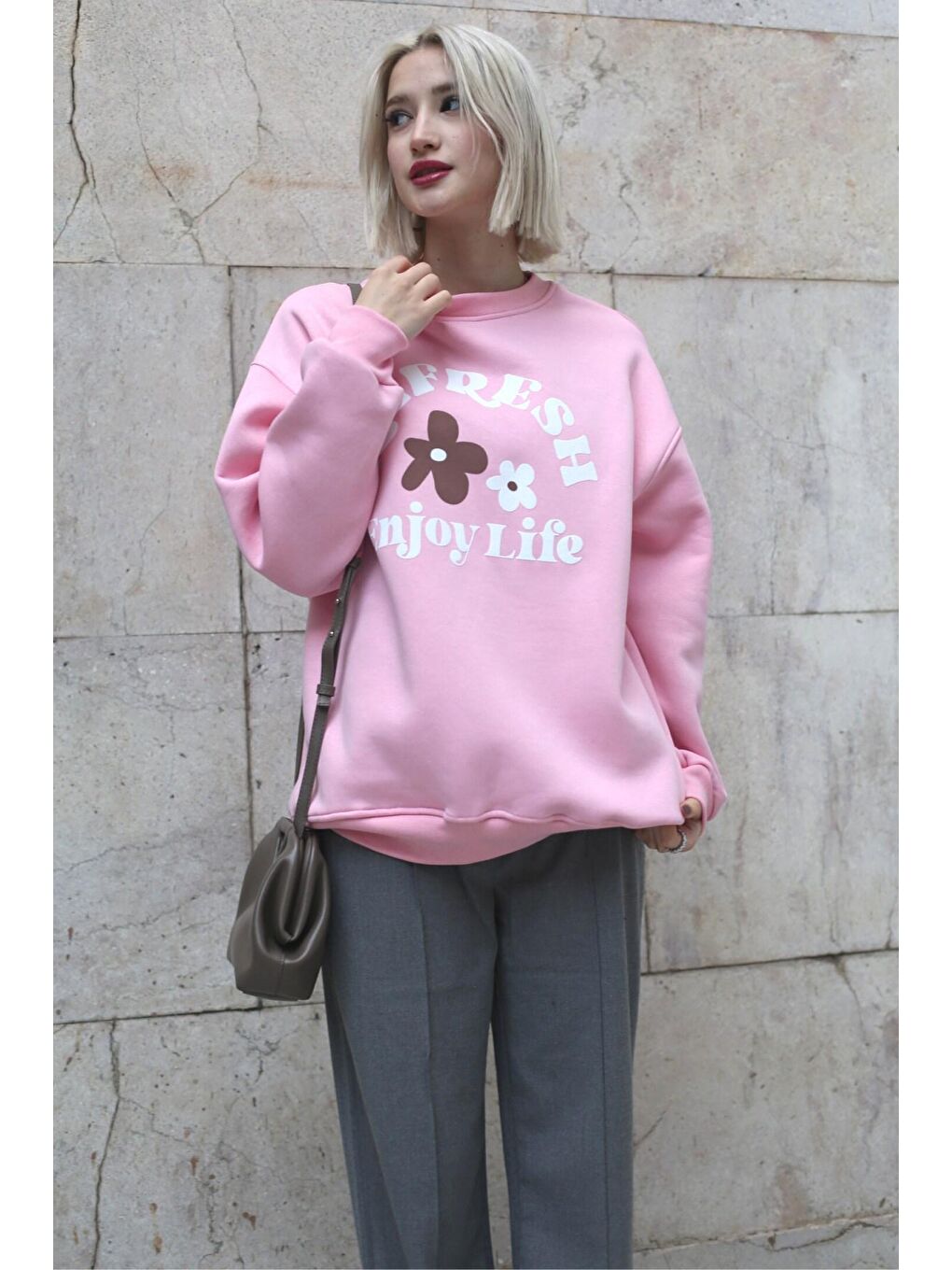 Madmext Pembe Bisiklet Yaka Baskılı Sweatshirt MG1572 - 1