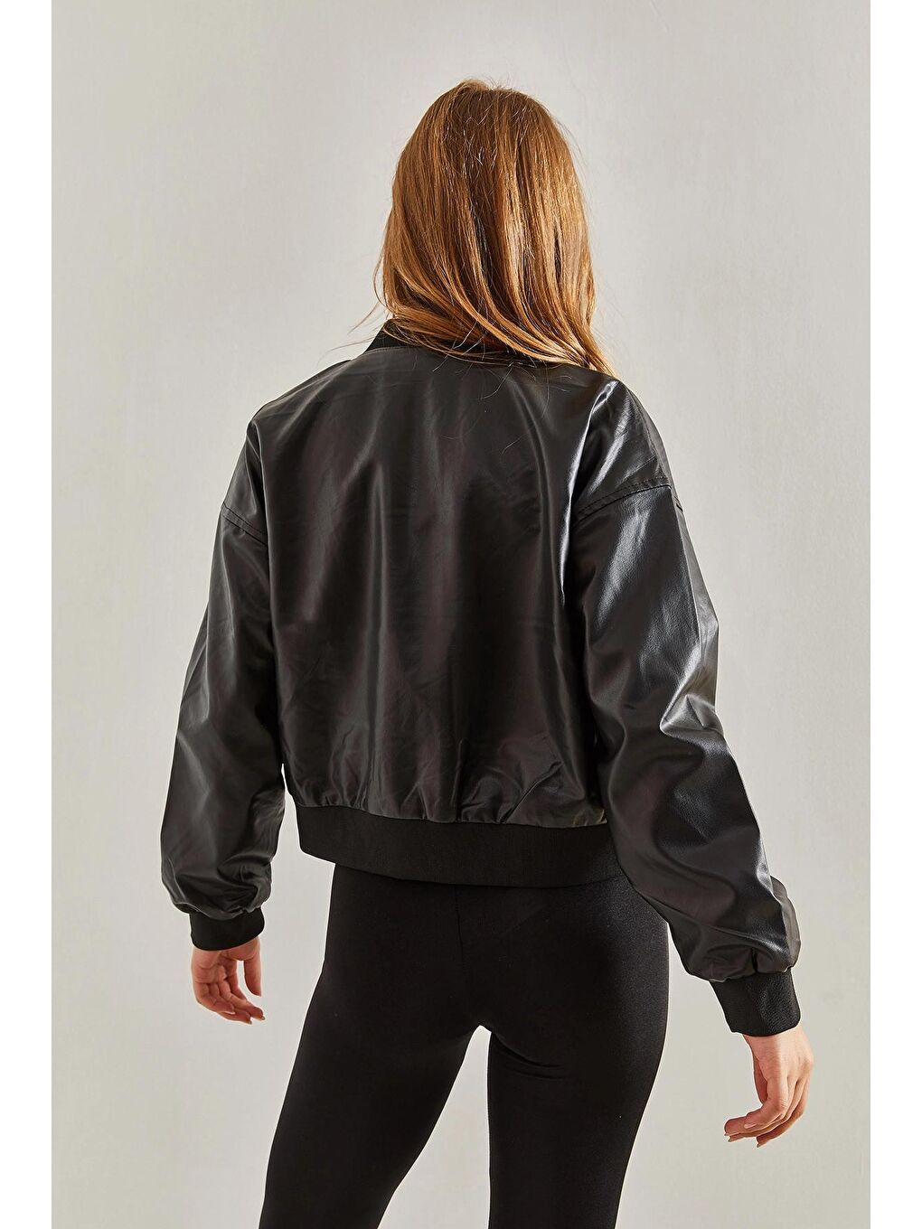 Siyah Kadın Çift Cepli Bomber Kumaş Deri Ceket-2