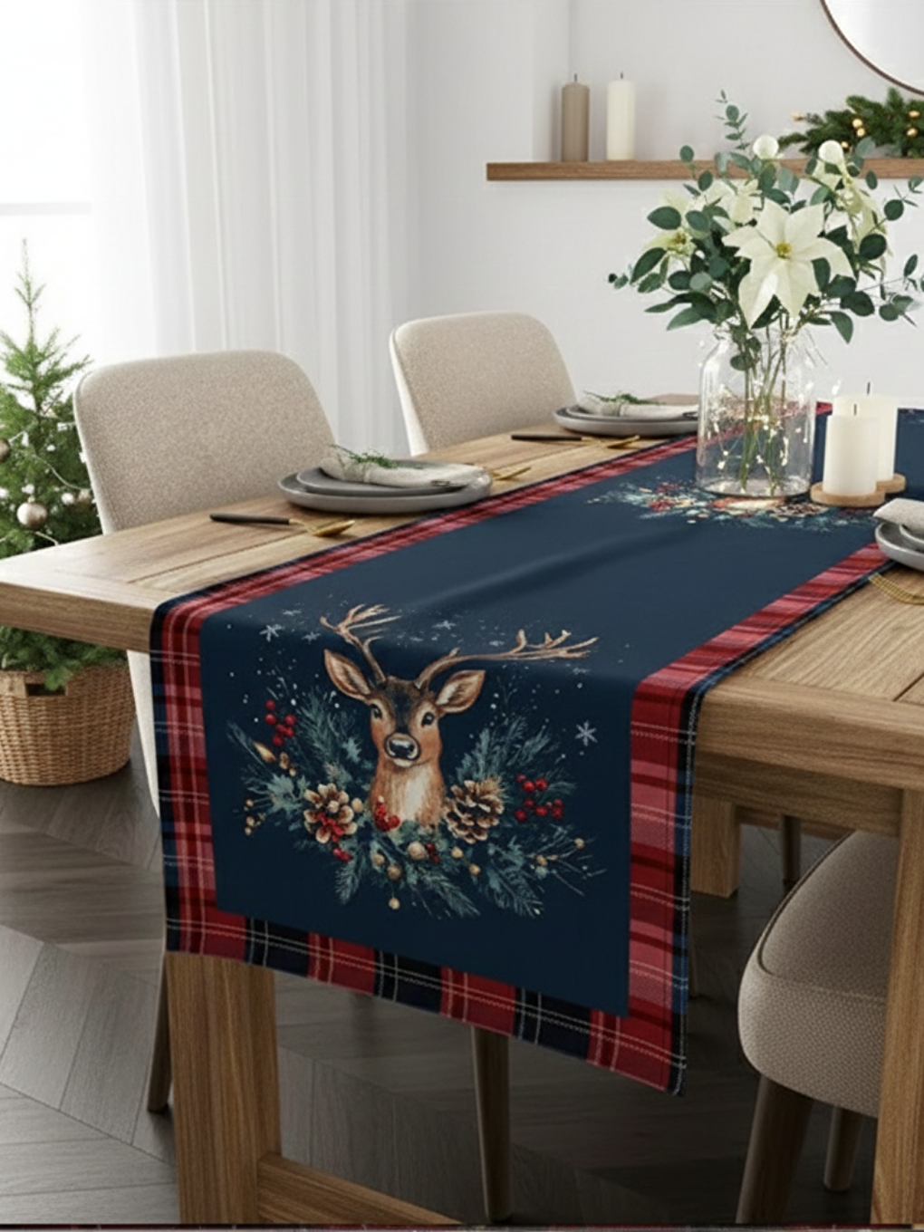 Karışık Yılbaşı Geyik 40x140 Cm Kadife Runner