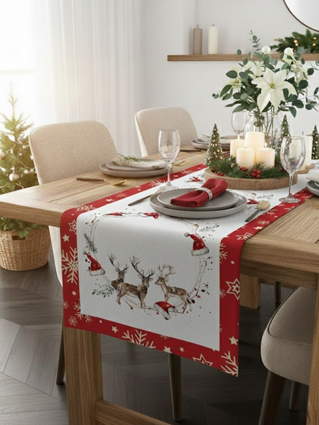 Karışık Yılbaşı Geyik 40x140 Cm Kadife Runner