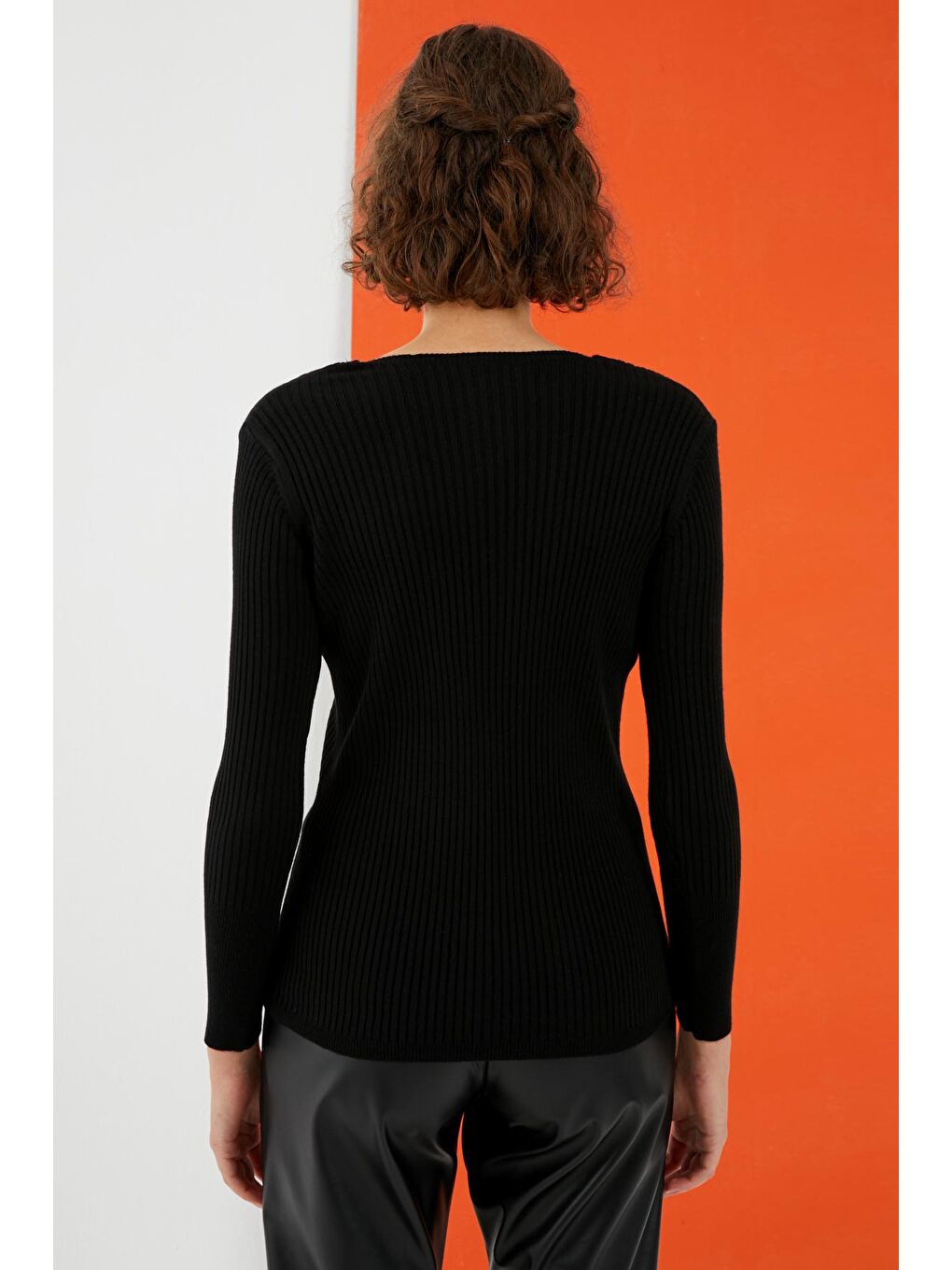 Siyah Kare Yaka Fitilli Dar Kalıp Basic Kazak-4