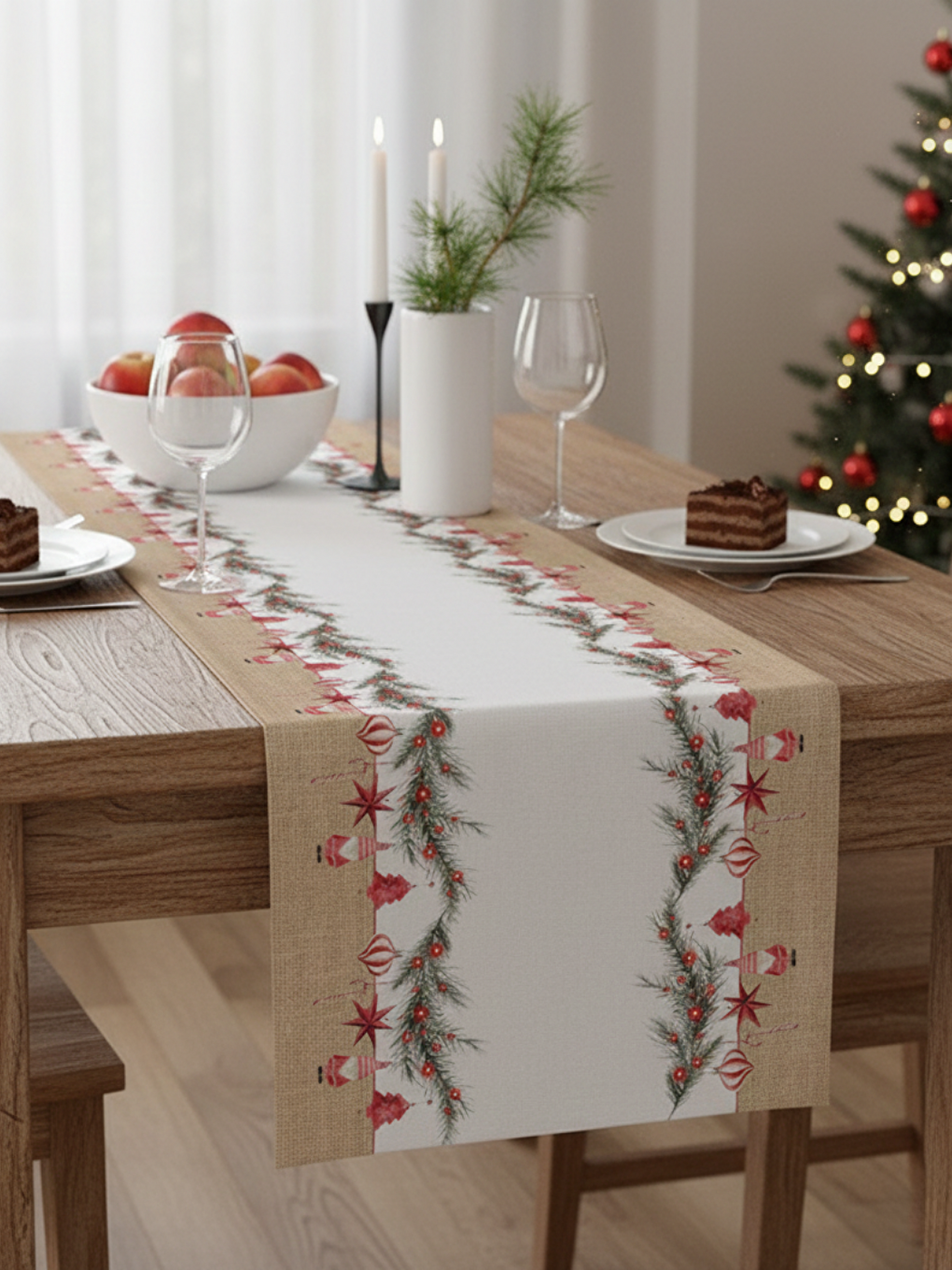 Bej Kadife Dokulu Yılbaşı Temalı Runner 40x140 cm-2