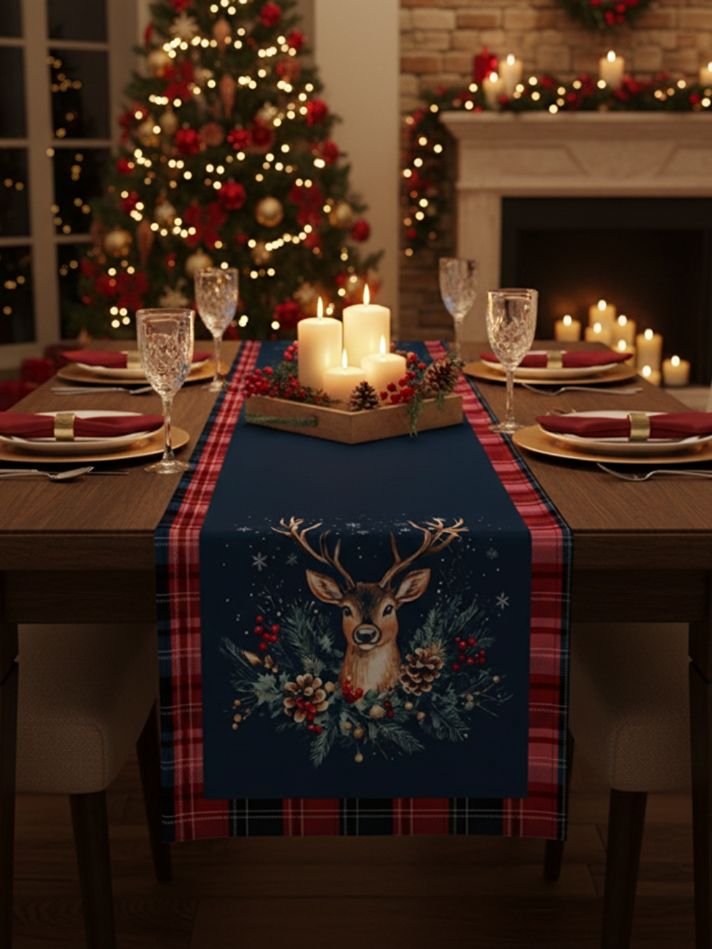 Karışık Yılbaşı Geyik 40x140 Cm Kadife Runner-2