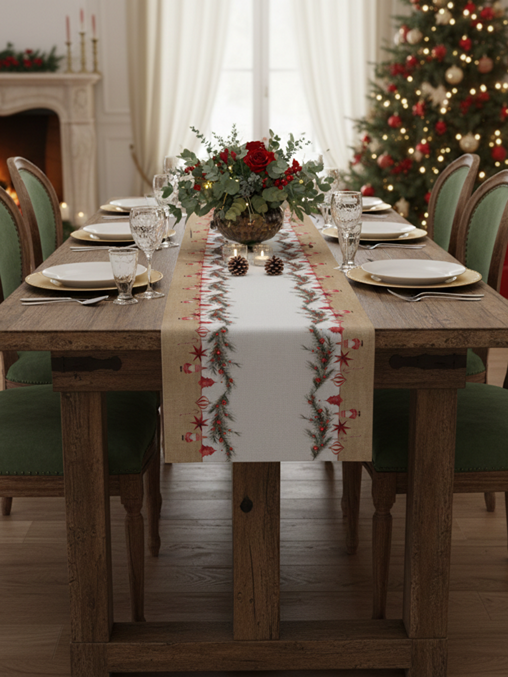 Bej Kadife Dokulu Yılbaşı Temalı Runner 40x140 cm-3