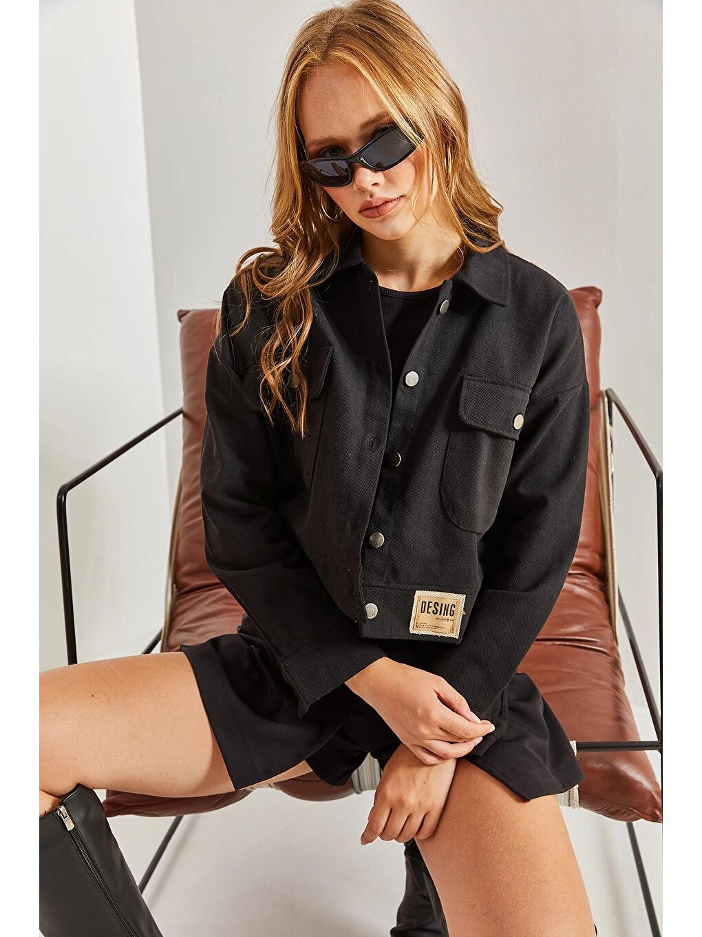 Siyah Kadın Çift Cepli Gabardin Ceket-1
