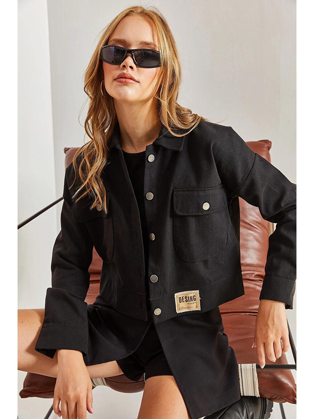 Siyah Kadın Çift Cepli Gabardin Ceket-2