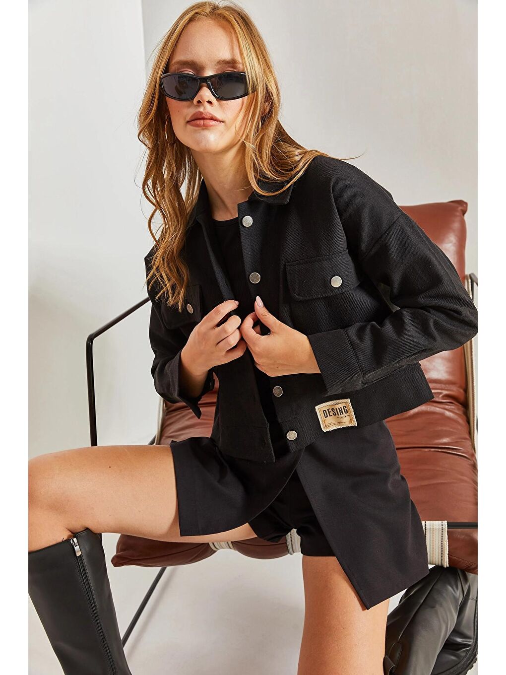 Siyah Kadın Çift Cepli Gabardin Ceket-3