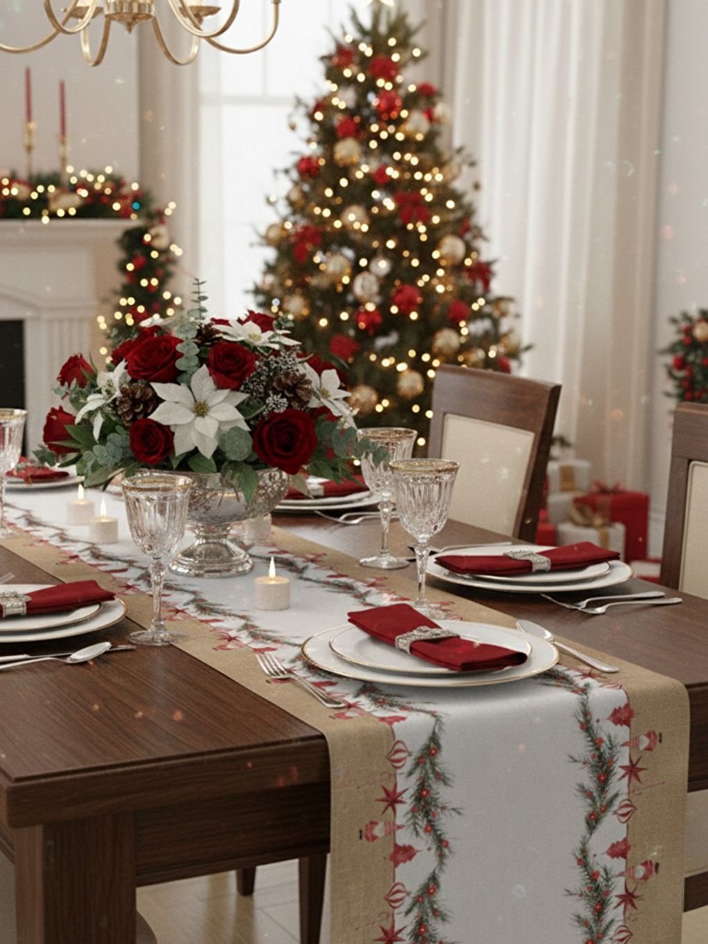 Bej Kadife Dokulu Yılbaşı Temalı Runner 40x140 cm-4