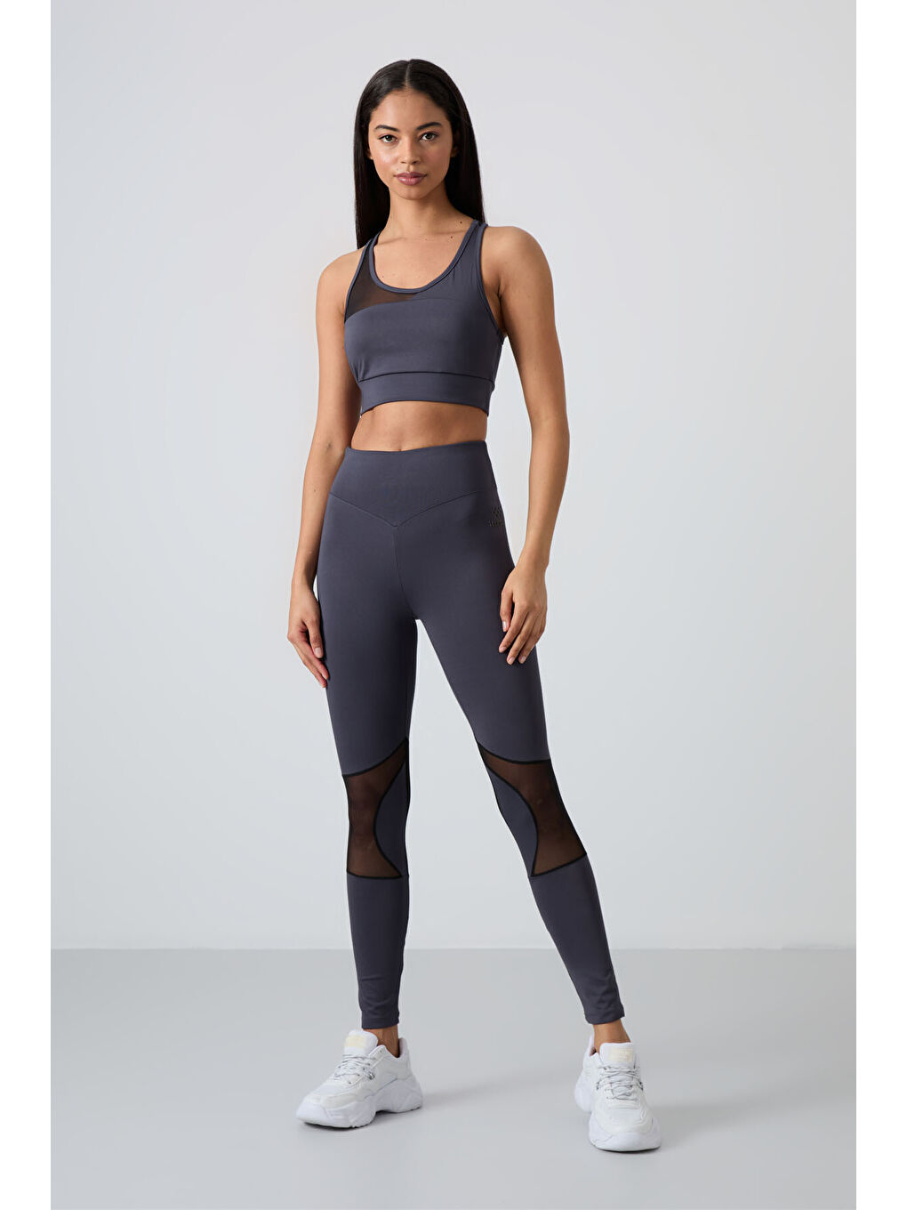 Antrasit Polyester Esnek Standart Fit Performans Kadın Tayt Takım - 95331