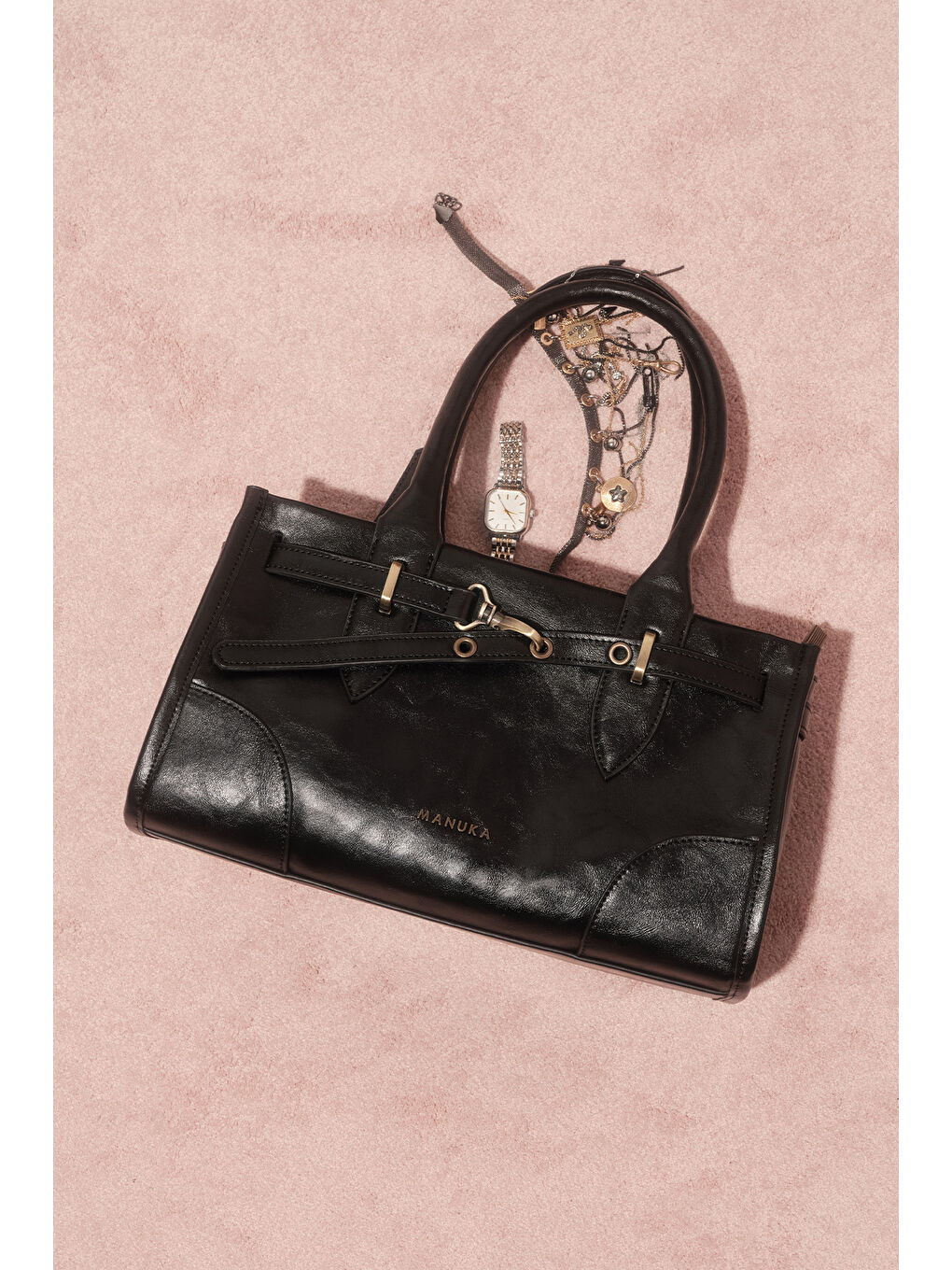 Grace Kemerli Bowling Deri Çanta Siyah