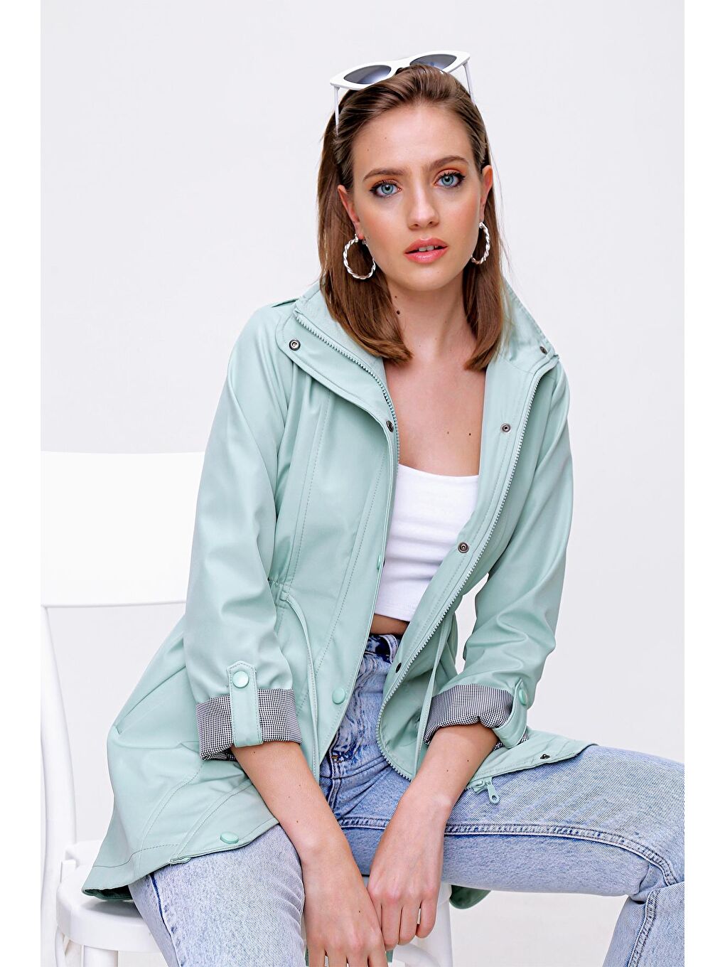 Yeşil 10322 Beli Büzgülü Trençkot - Mint