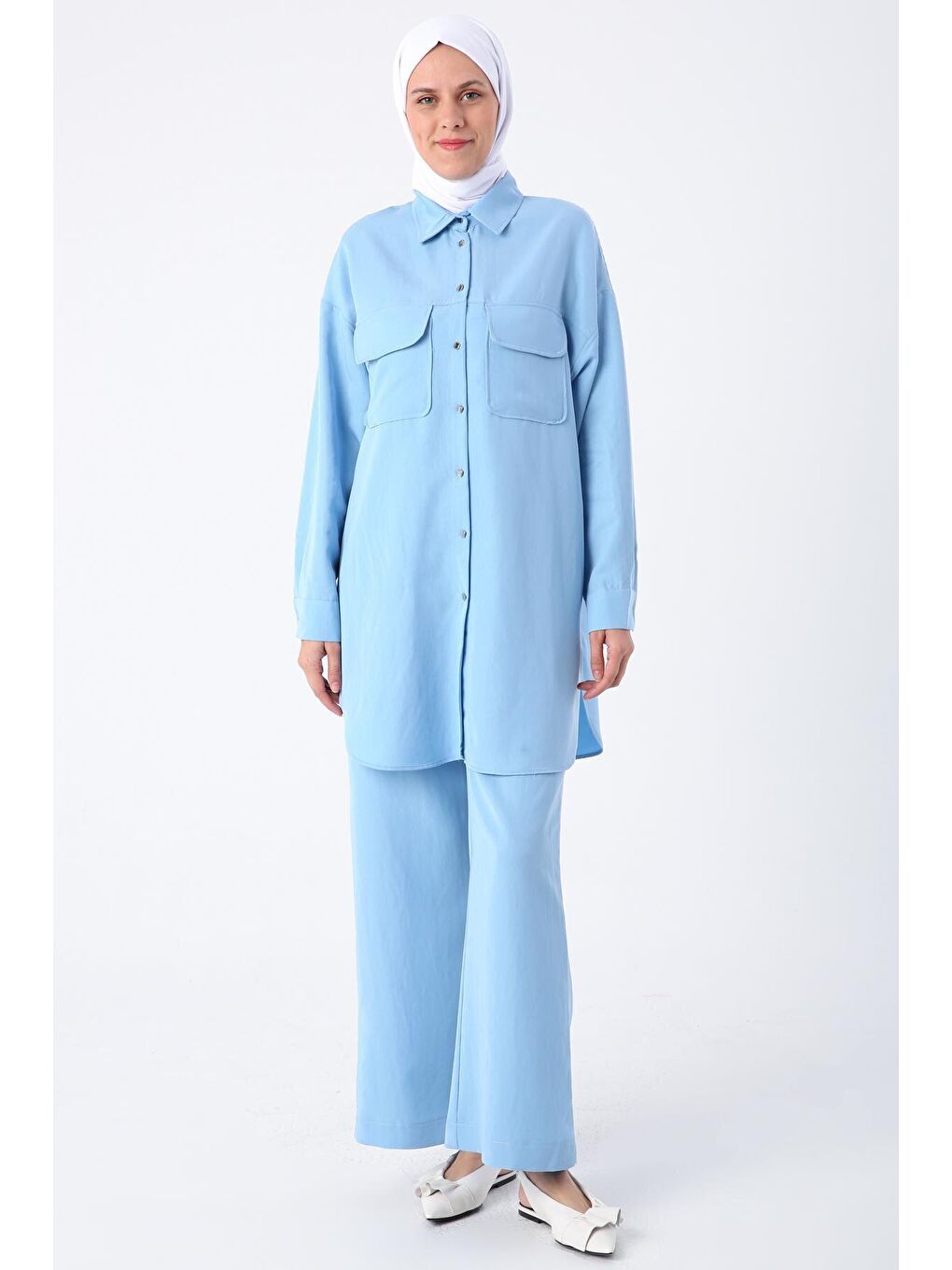 Açık Mavi Kapaklı Cepli Gömlek Pantolon Takım-1
