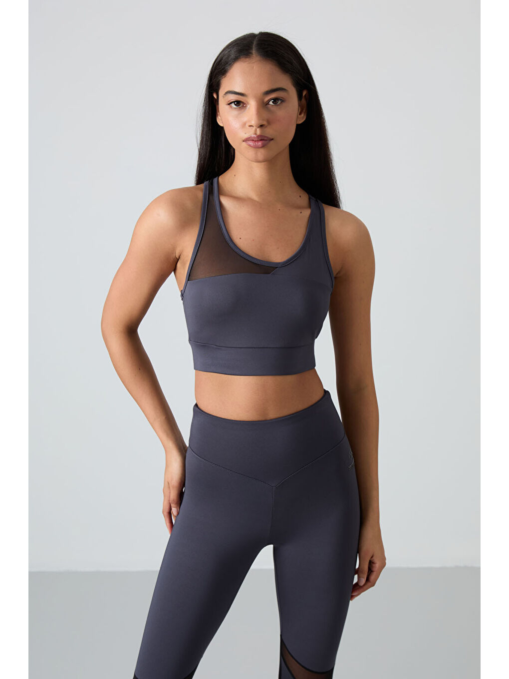 Antrasit Polyester Esnek Standart Fit Performans Kadın Tayt Takım - 95331-2