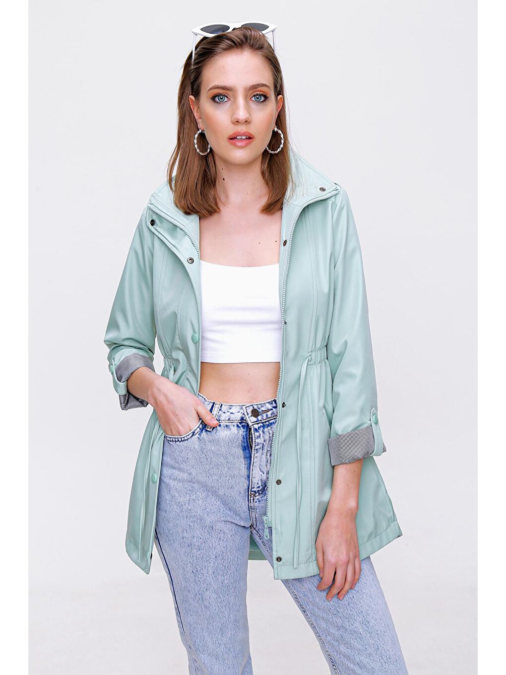 Yeşil 10322 Beli Büzgülü Trençkot - Mint-1