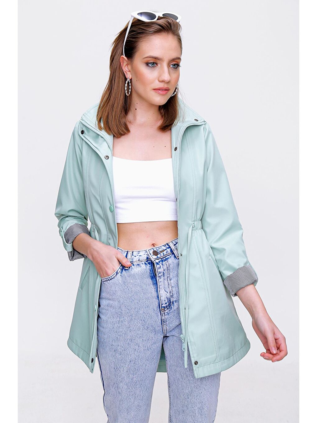 Yeşil 10322 Beli Büzgülü Trençkot - Mint-2