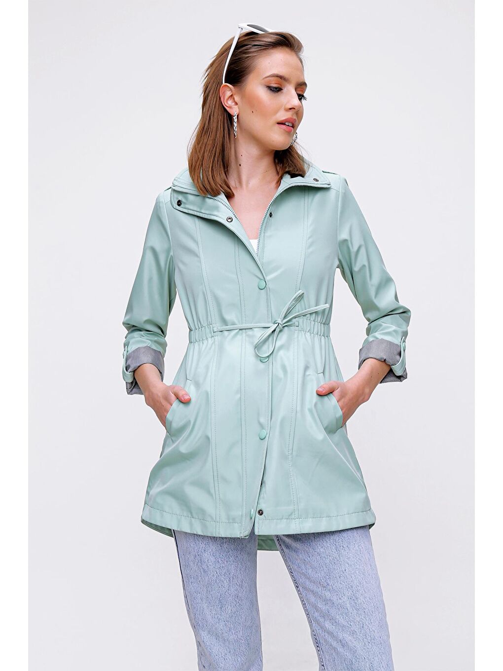Yeşil 10322 Beli Büzgülü Trençkot - Mint-3